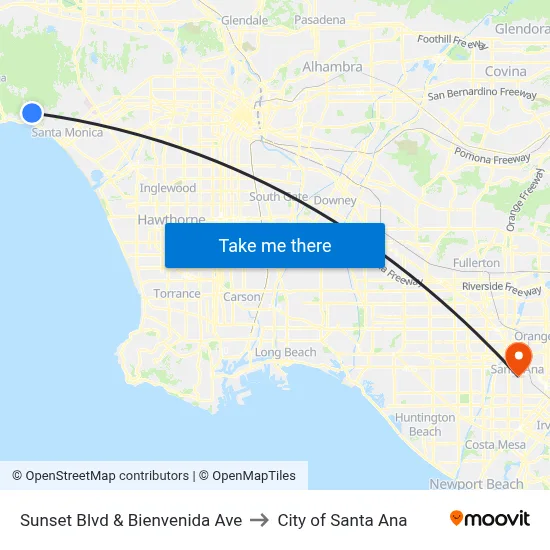 Sunset Blvd & Bienvenida Ave to City of Santa Ana map