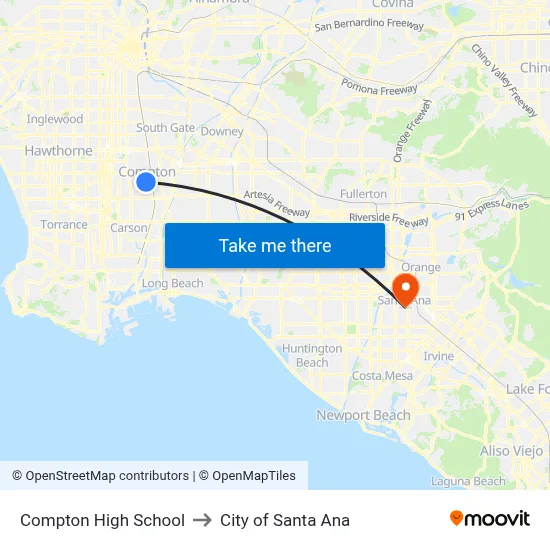 Compton High School to City of Santa Ana map