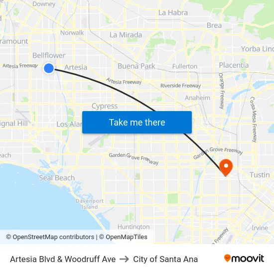 Artesia Blvd & Woodruff Ave to City of Santa Ana map