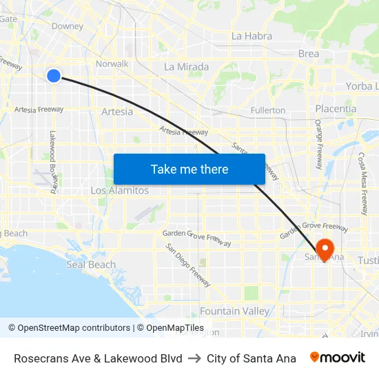 Rosecrans Ave & Lakewood Blvd to City of Santa Ana map