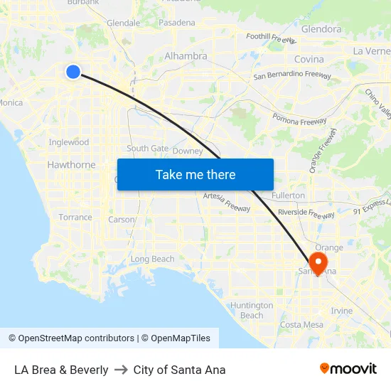 LA Brea & Beverly to City of Santa Ana map
