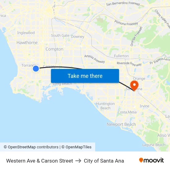 Western Ave & Carson Street to City of Santa Ana map