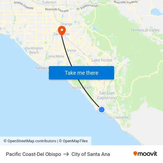 Pacific Coast-Del Obispo to City of Santa Ana map