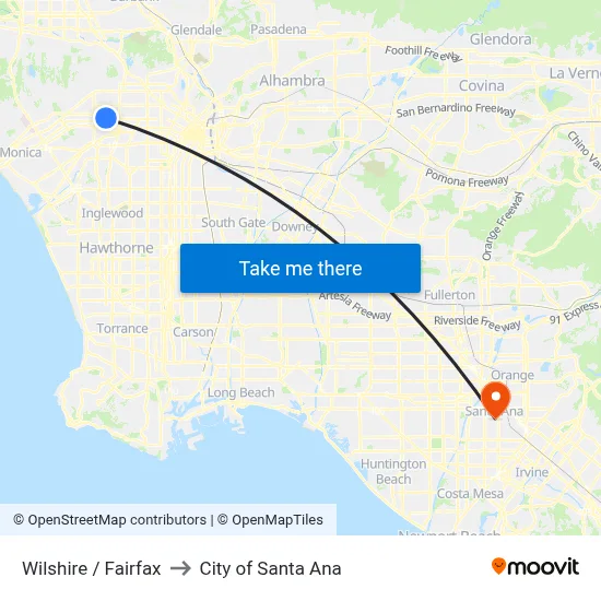 Wilshire / Fairfax to City of Santa Ana map