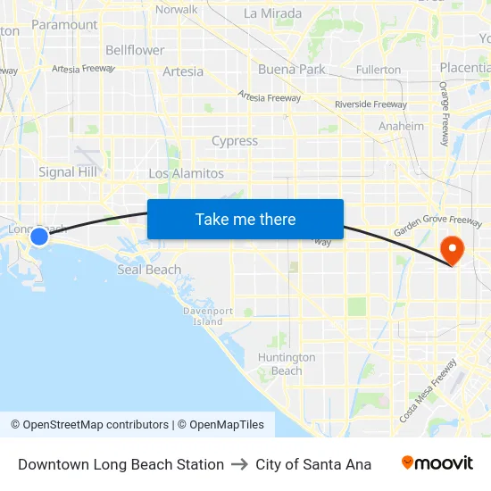 Downtown Long Beach Station to City of Santa Ana map