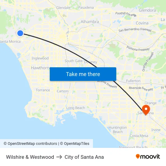 Wilshire & Westwood to City of Santa Ana map