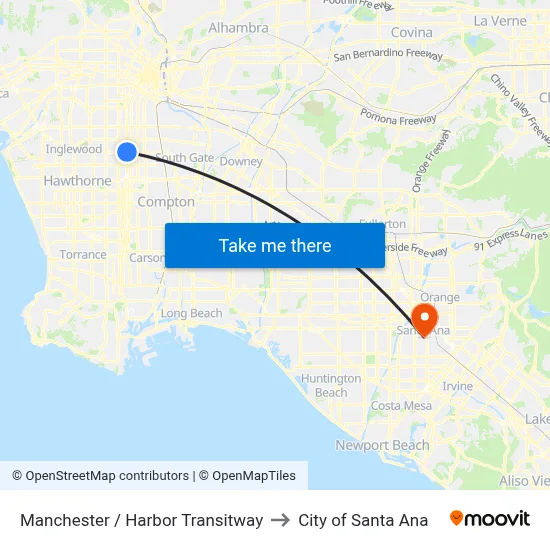 Manchester / Harbor Transitway to City of Santa Ana map