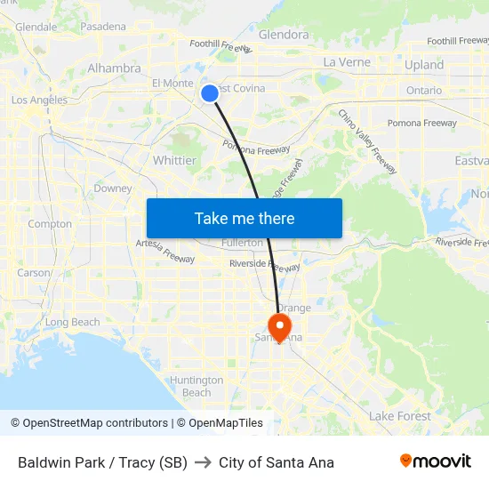 Baldwin Park / Tracy (SB) to City of Santa Ana map