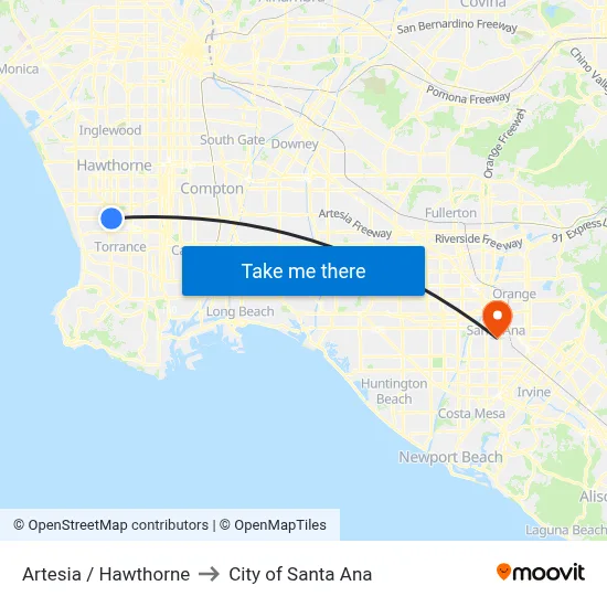Artesia / Hawthorne to City of Santa Ana map