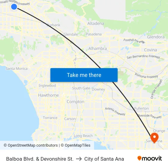 Balboa Blvd. & Devonshire St. to City of Santa Ana map