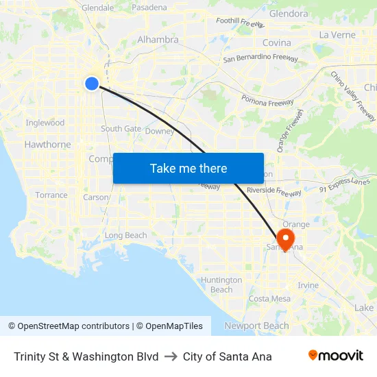 Trinity St & Washington Blvd to City of Santa Ana map