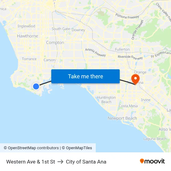 Western Ave & 1st St to City of Santa Ana map
