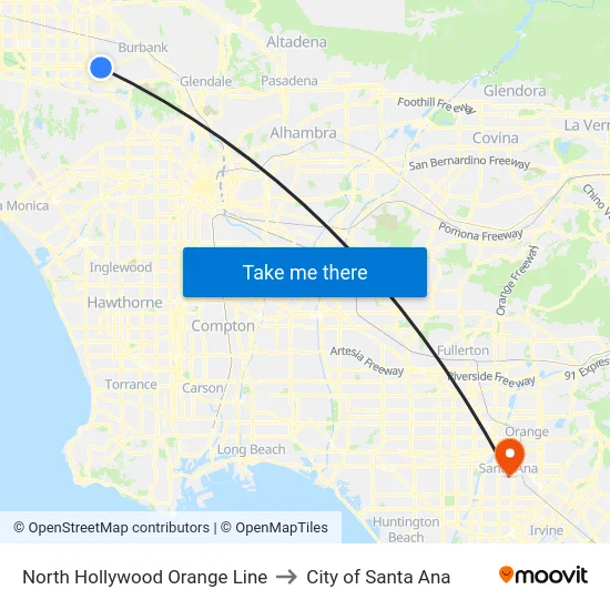 North Hollywood Orange Line to City of Santa Ana map