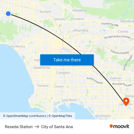 Reseda Station to City of Santa Ana map