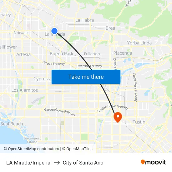 LA Mirada/Imperial to City of Santa Ana map