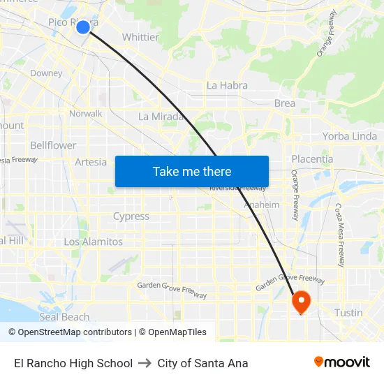 El Rancho High School to City of Santa Ana map