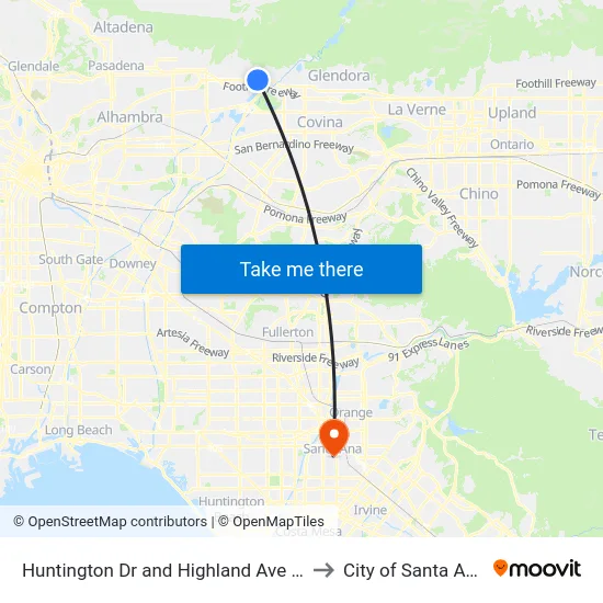 Huntington Dr and Highland Ave W to City of Santa Ana map