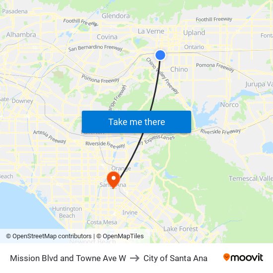 Mission Blvd and Towne Ave W to City of Santa Ana map