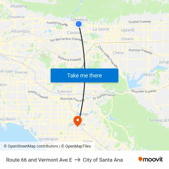 Route 66 and Vermont Ave E to City of Santa Ana map
