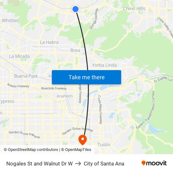 Nogales St and Walnut Dr W to City of Santa Ana map