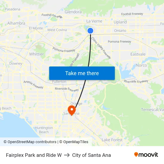 Fairplex Park and Ride W to City of Santa Ana map