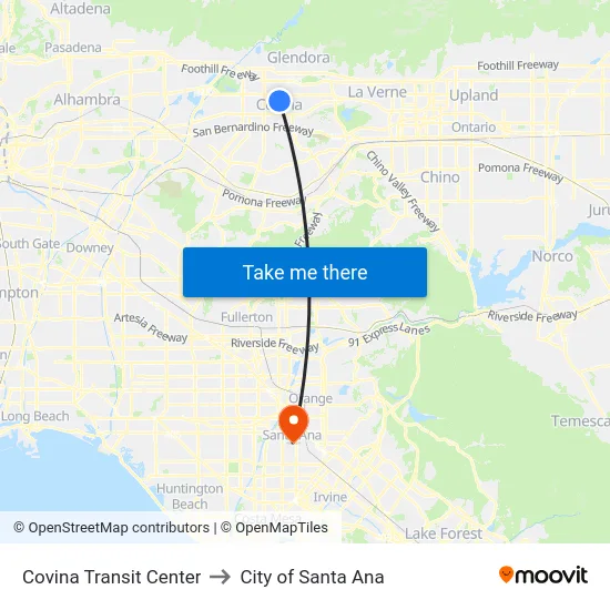 Covina Transit Center to City of Santa Ana map