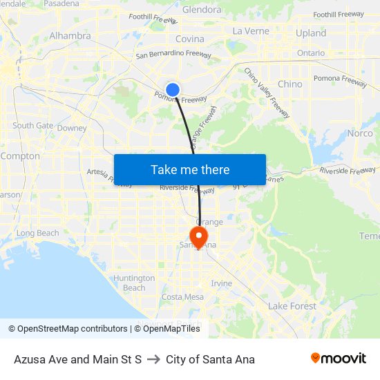 Azusa Ave and Main St S to City of Santa Ana map