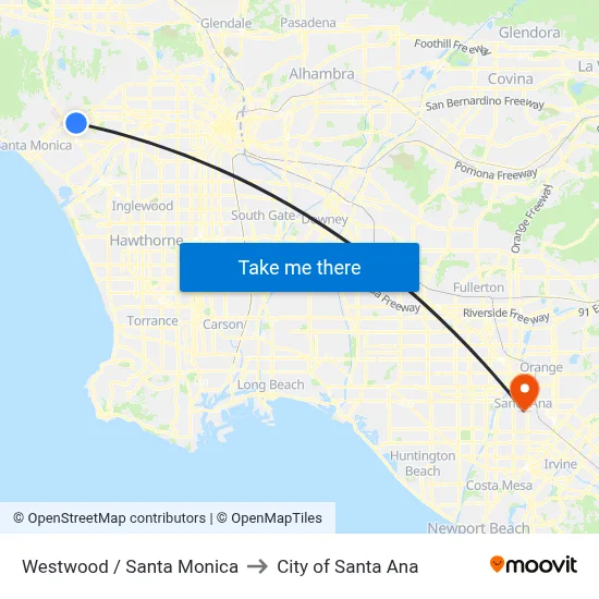 Westwood / Santa Monica to City of Santa Ana map
