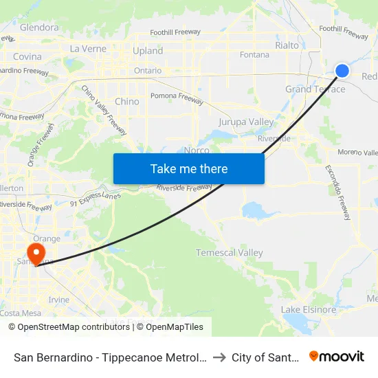 San Bernardino - Tippecanoe Metrolink Station to City of Santa Ana map
