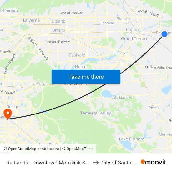 Redlands - Downtown Metrolink Station to City of Santa Ana map