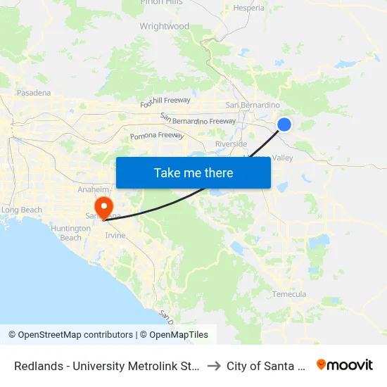 Redlands - University Metrolink Station to City of Santa Ana map