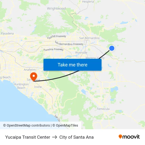 Yucaipa Transit Center to City of Santa Ana map
