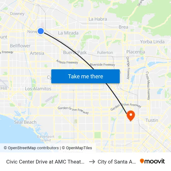 Civic Center Drive at AMC Theaters to City of Santa Ana map