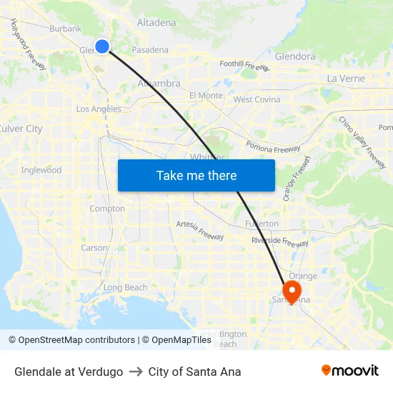 Glendale at Verdugo to City of Santa Ana map