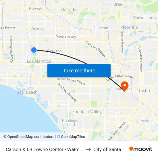Carson & LB Towne Center - Walmart SE to City of Santa Ana map