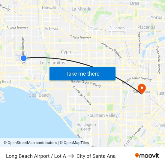Long Beach Airport / Lot A to City of Santa Ana map