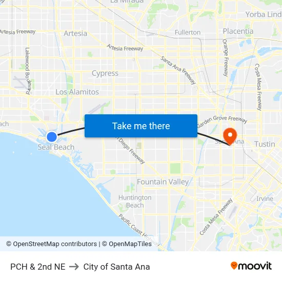 PCH & 2nd NE to City of Santa Ana map