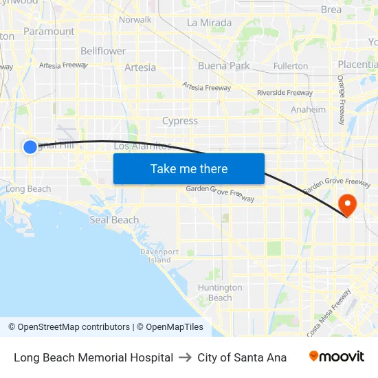 Long Beach Memorial Hospital to City of Santa Ana map