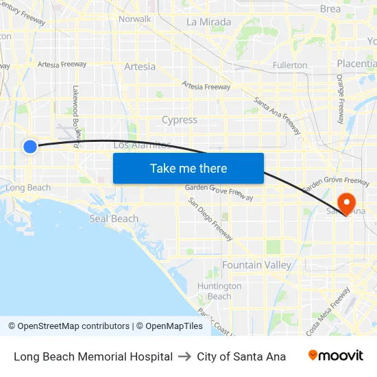 Long Beach Memorial Hospital to City of Santa Ana map
