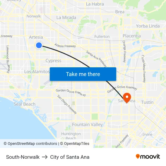 South-Norwalk to City of Santa Ana map
