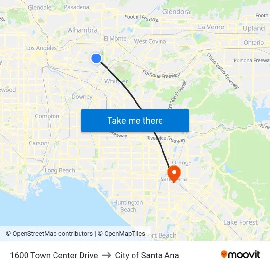 1600 Town Center Drive to City of Santa Ana map