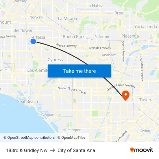 183rd & Gridley Nw to City of Santa Ana map