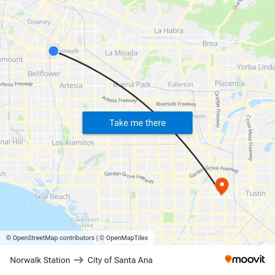 Norwalk Station to City of Santa Ana map