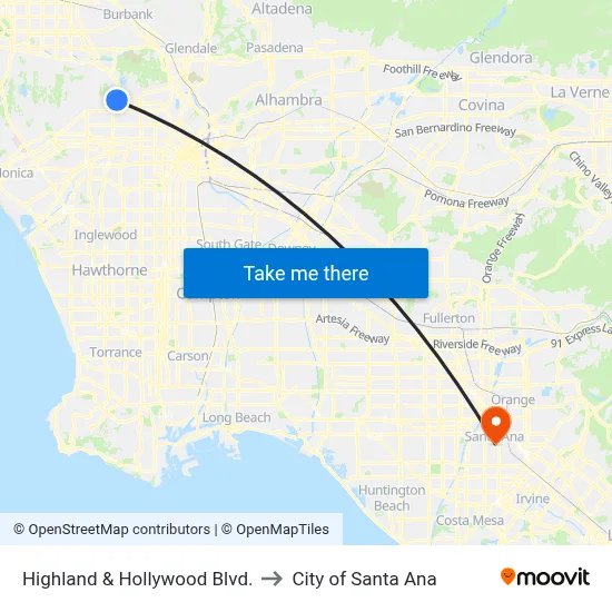 Highland & Hollywood Blvd. to City of Santa Ana map
