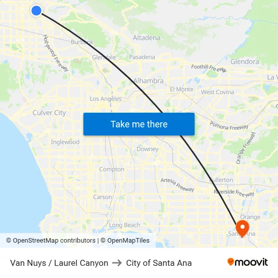 Van Nuys / Laurel Canyon to City of Santa Ana map