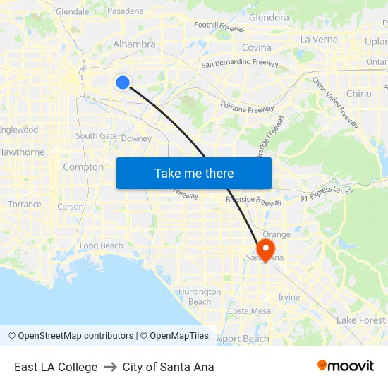 East LA College to City of Santa Ana map