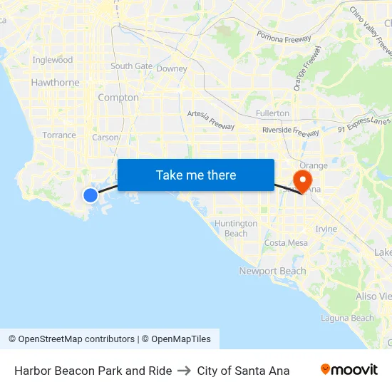Harbor Beacon Park and Ride to City of Santa Ana map