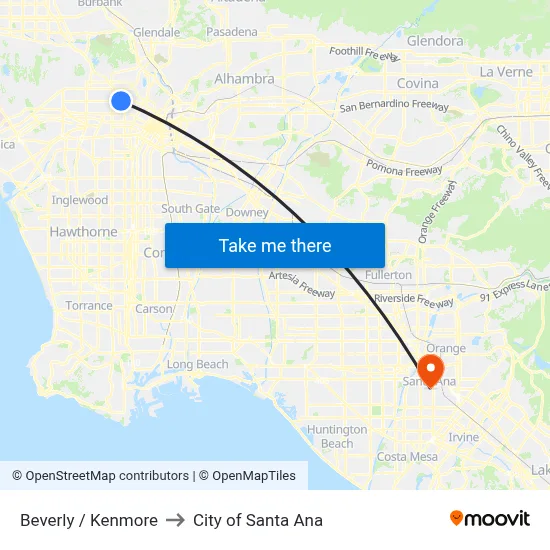 Beverly / Kenmore to City of Santa Ana map