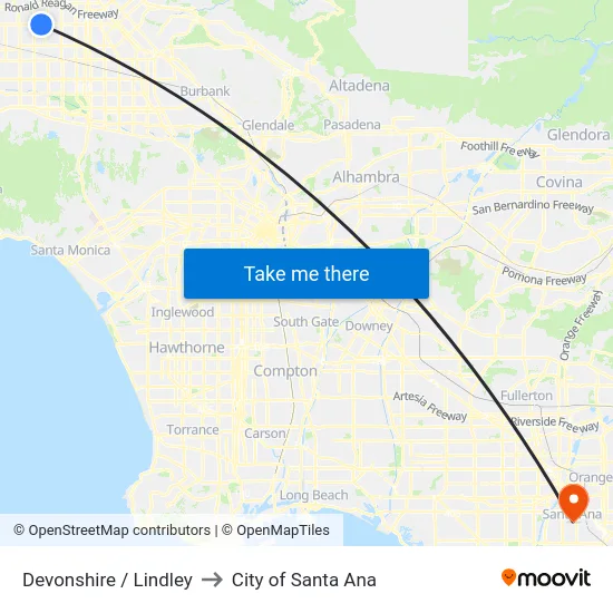 Devonshire / Lindley to City of Santa Ana map