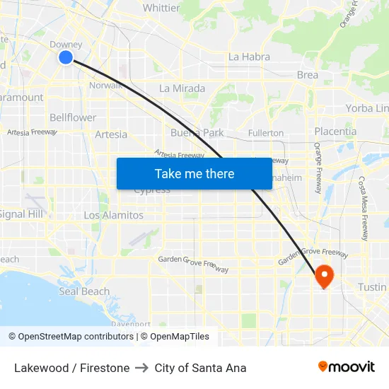 Lakewood / Firestone to City of Santa Ana map